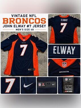 Nike Denver Broncos John Elway #7 NFL On Field Jersey Men’s Size 48 Orange Blue
